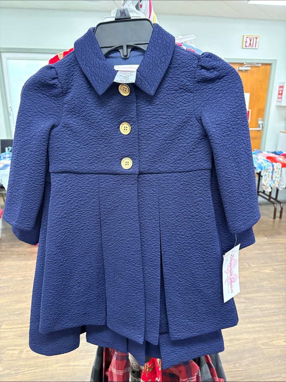 Bonnie Jean Navy Textured Girls' Pea Coat with Wooden Buttons